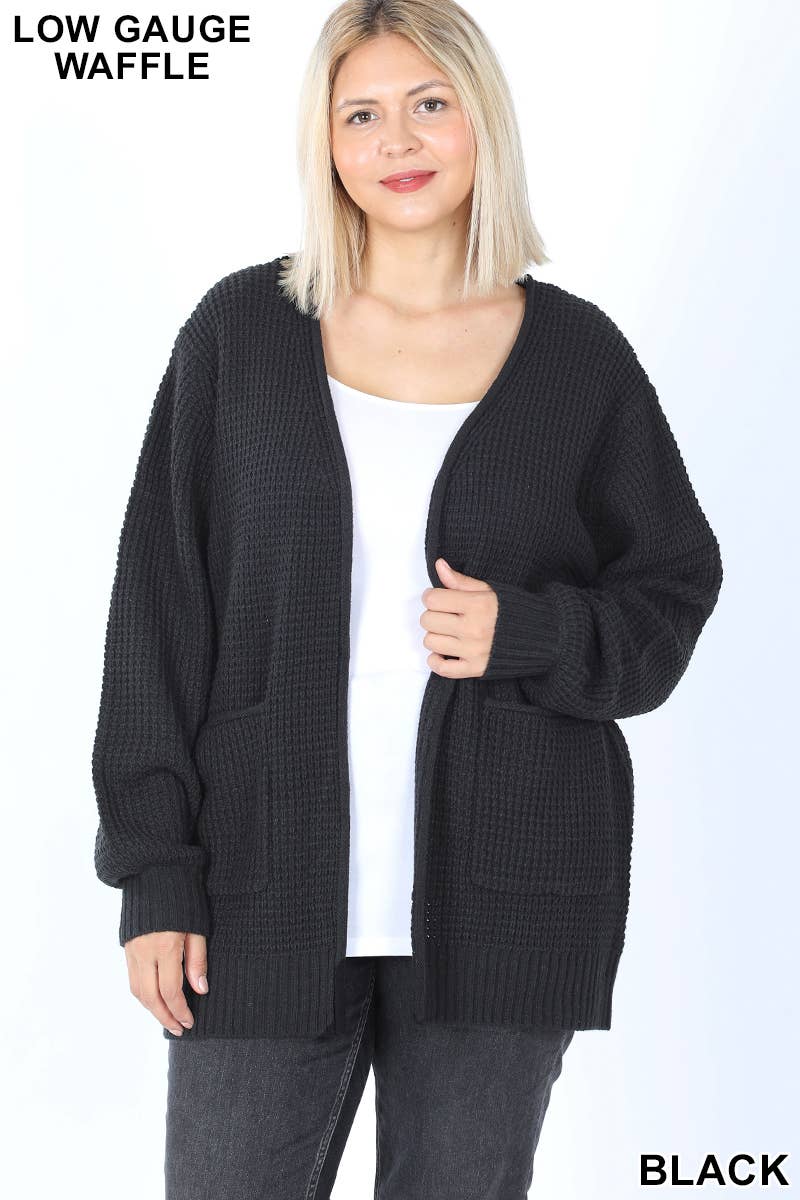 ",....SI-25654 Plus Low Gauge Waffle Open Cardigan Sweater