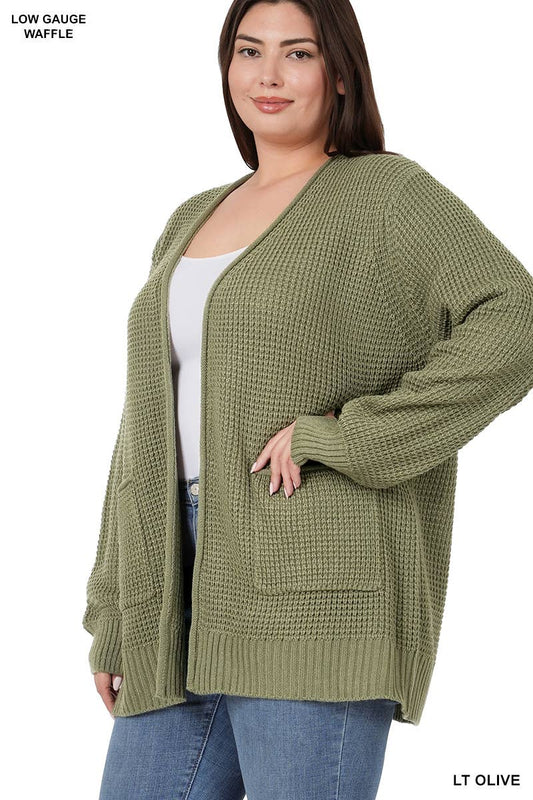 ",....SI-25654 Plus Low Gauge Waffle Open Cardigan Sweater