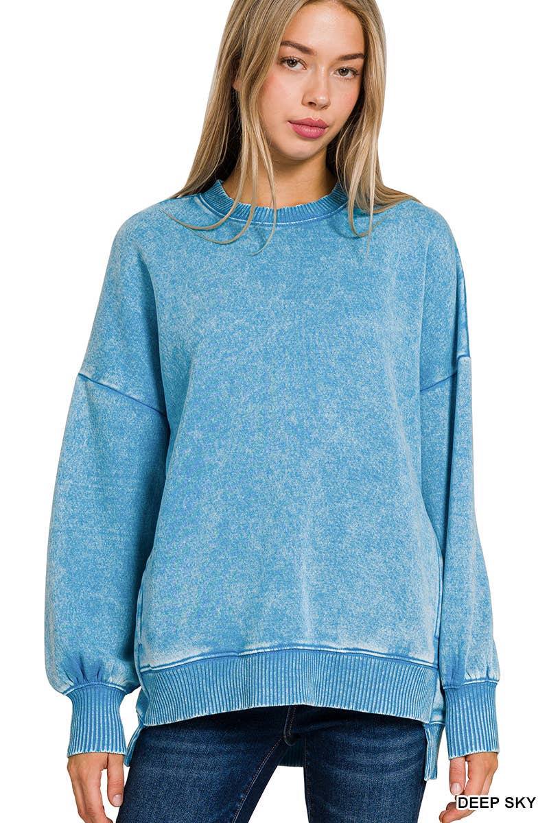 ",,,,..Acid Wash Fleece Hi Low Hem Pullover With Pockets