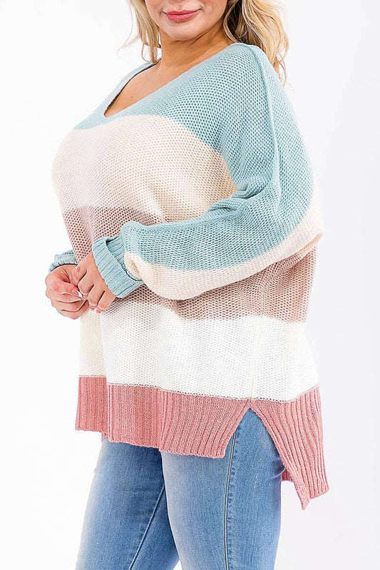 COLORBLOCK STRIPES HIGH-LOW PULLOVER SWEATER