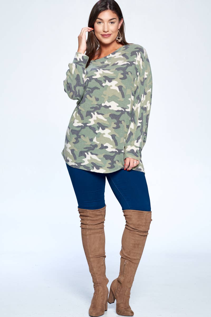 ETK-7757-PL Plus Size Soft Camo Printed Dolman Top