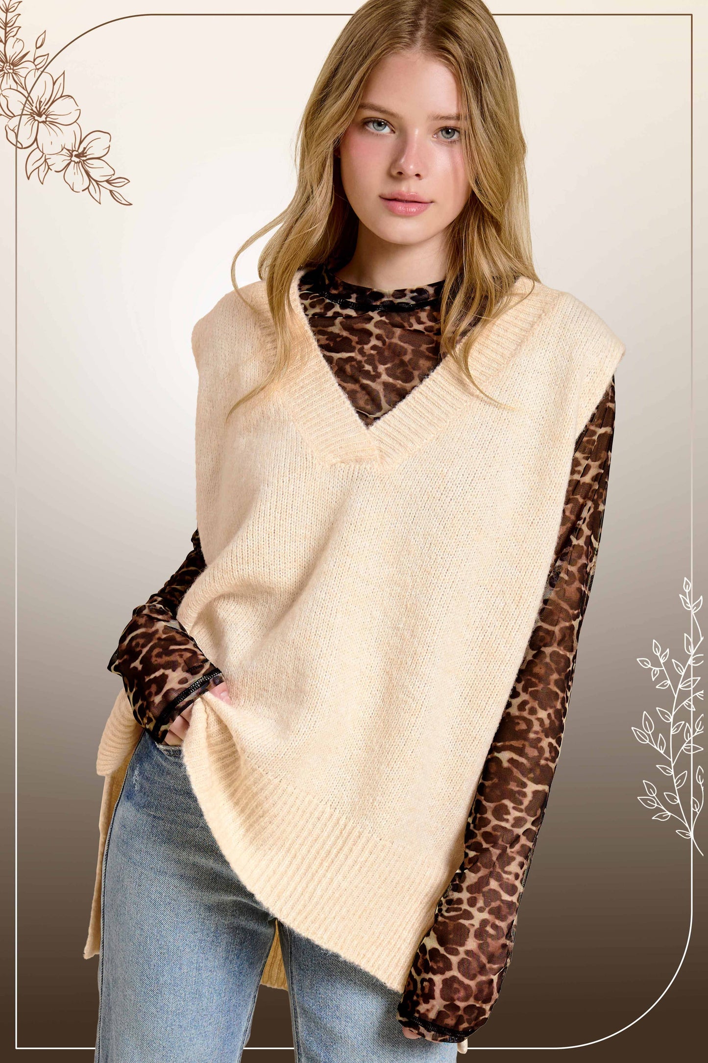 MCS3589-Oversized Soft Knit Sweater Vest with Side Slit
