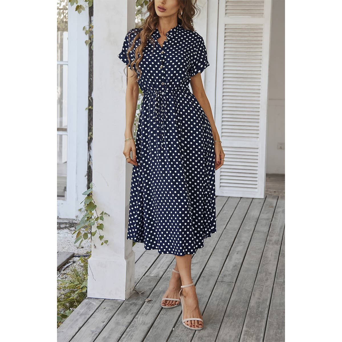Polka Dot V Neck Button Belt Long Dress