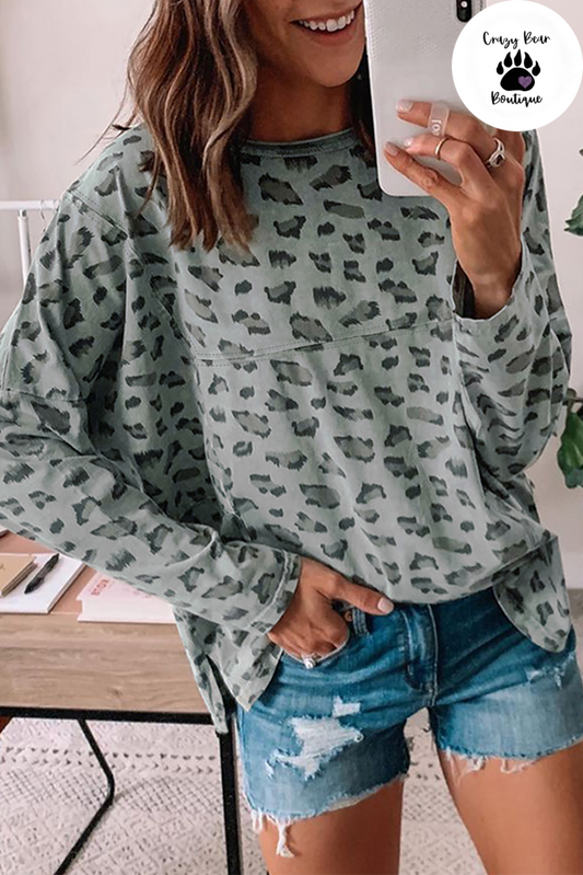 Leopard Animal Print Stitching Loose Long Sleeve Top