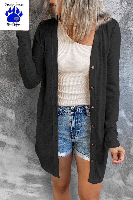 Black Solid Color Open-Front Buttons Cardigan