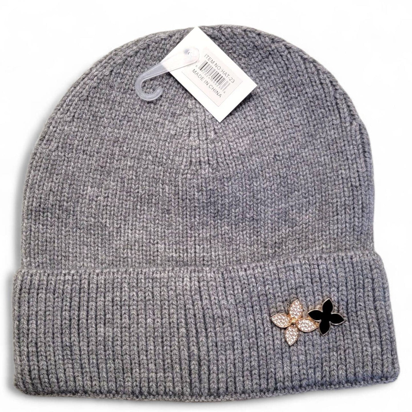 Adult Knit Beanie with Metal Flower Pin – 6 Color Assorted