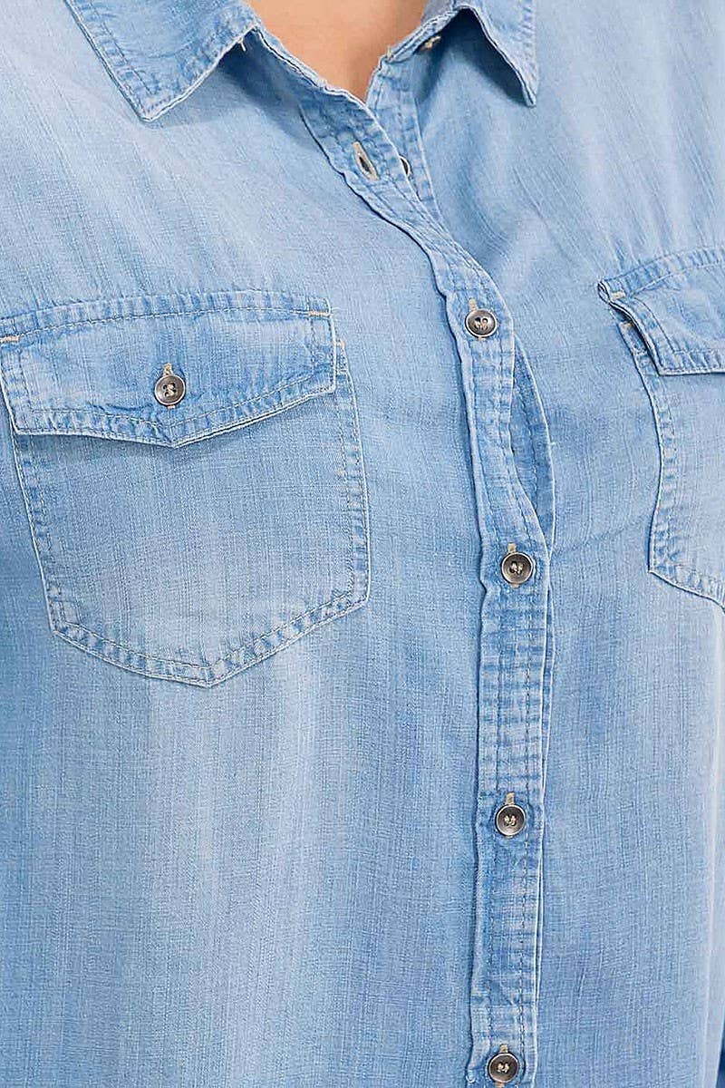 BUTTON UP FRONT POCKETS WASHED CHAMBRAY TOP