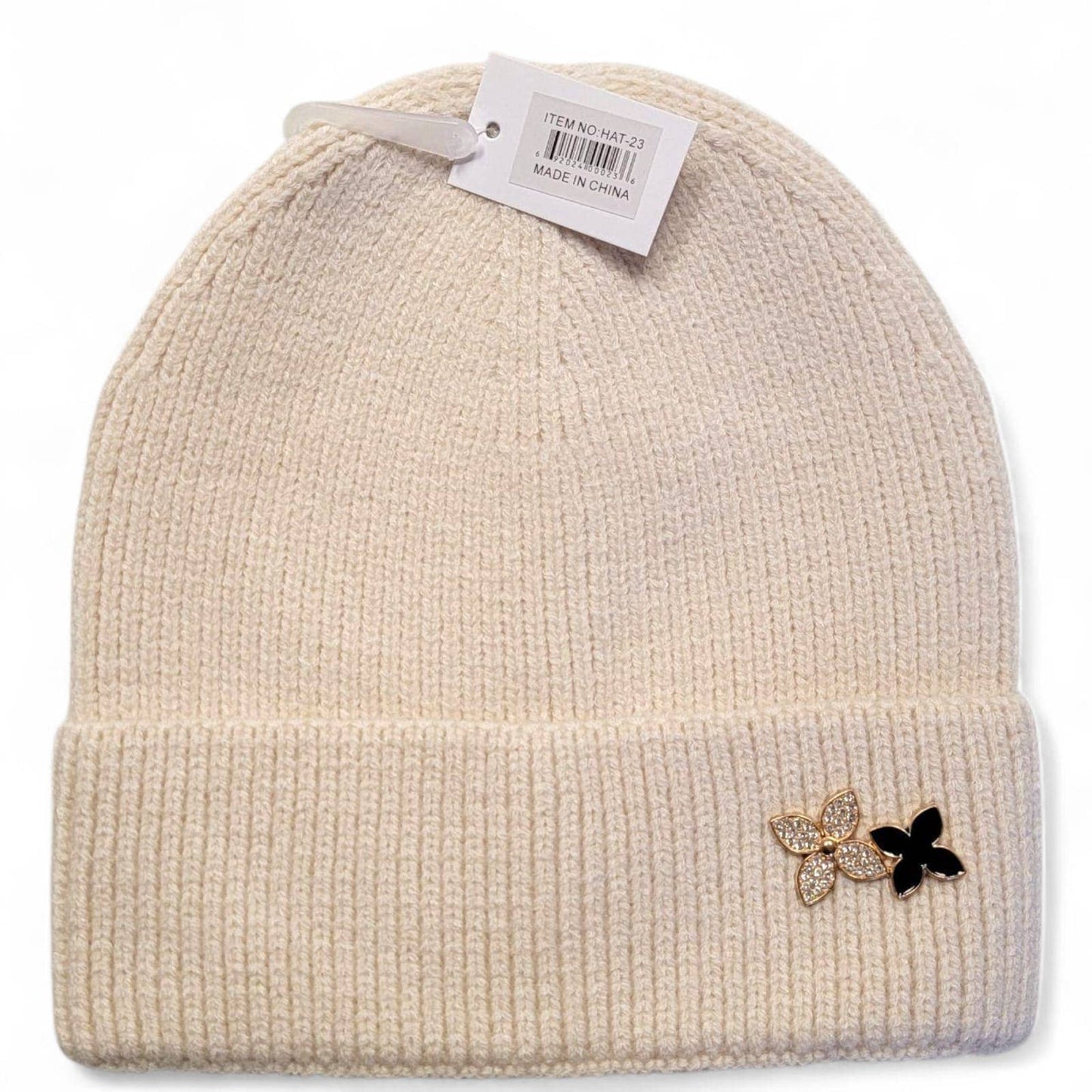 Adult Knit Beanie with Metal Flower Pin – 6 Color Assorted