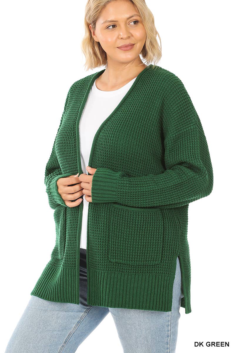 ",....SI-25654 Plus Low Gauge Waffle Open Cardigan Sweater