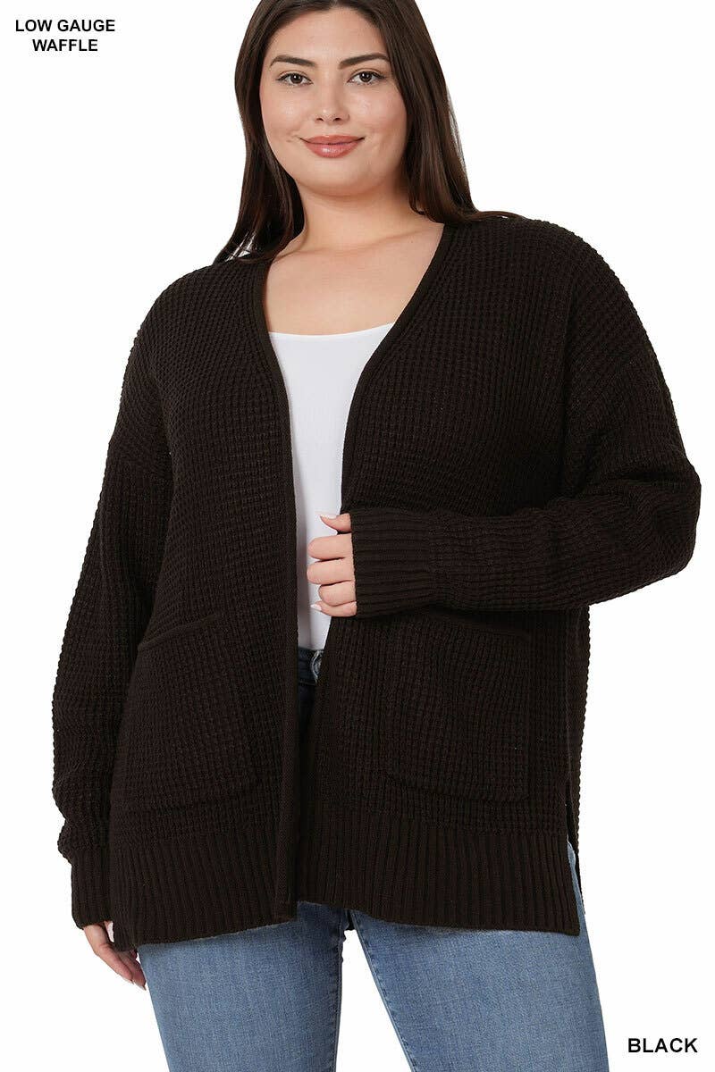 ",....SI-25654 Plus Low Gauge Waffle Open Cardigan Sweater