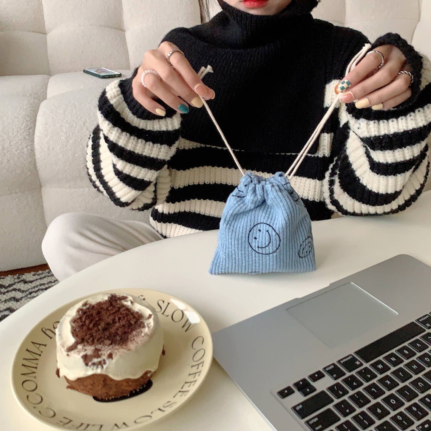 Corduroy  Smiley Face Coin Purse Drawstring Pocket Women