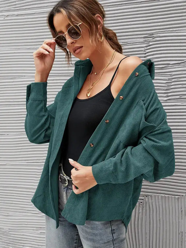 Women's Casual Loose Fit Corduroy Button-Down Shirt