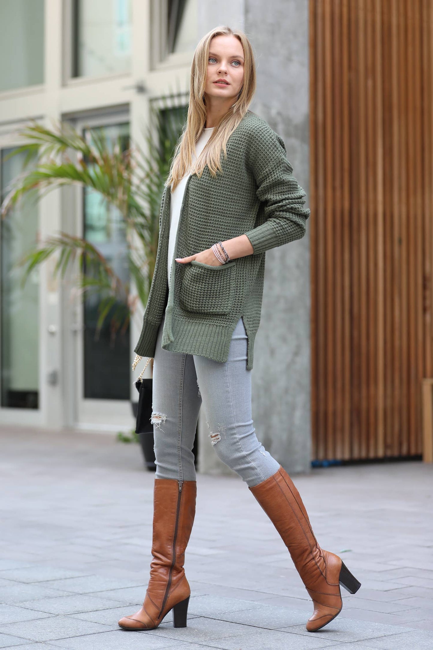 1219 Low Gauge Waffle Open Cardigan Sweater SI-24890