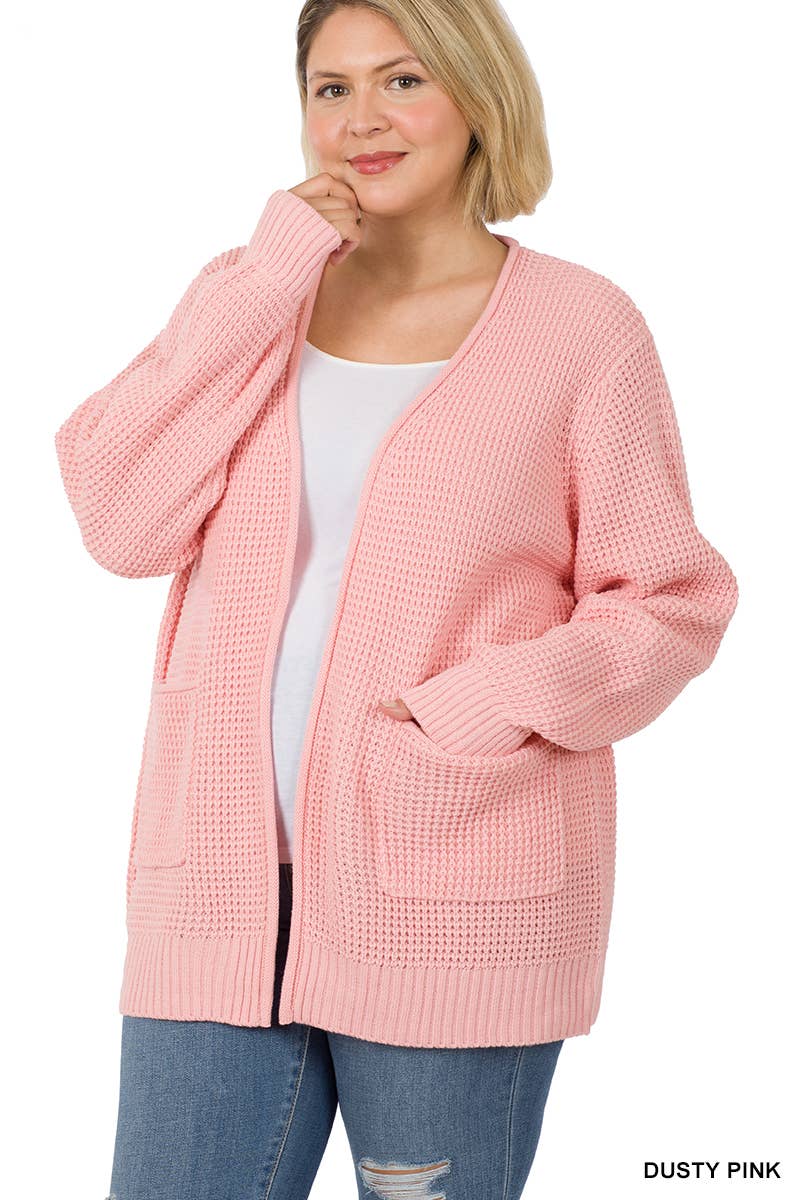 ",....SI-25654 Plus Low Gauge Waffle Open Cardigan Sweater