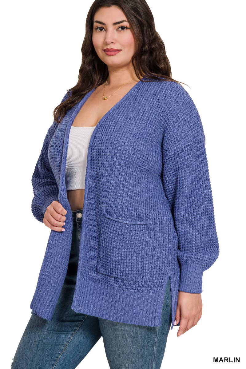 ",....SI-25654 Plus Low Gauge Waffle Open Cardigan Sweater