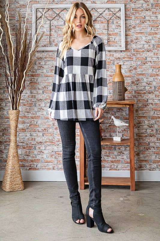 PLAID PRINT BABYDOLL TOP