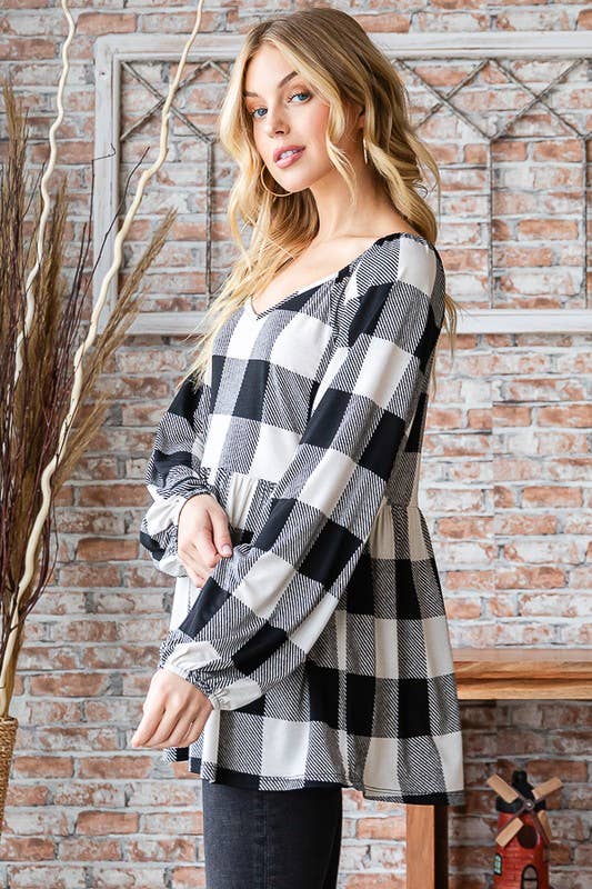 PLAID PRINT BABYDOLL TOP
