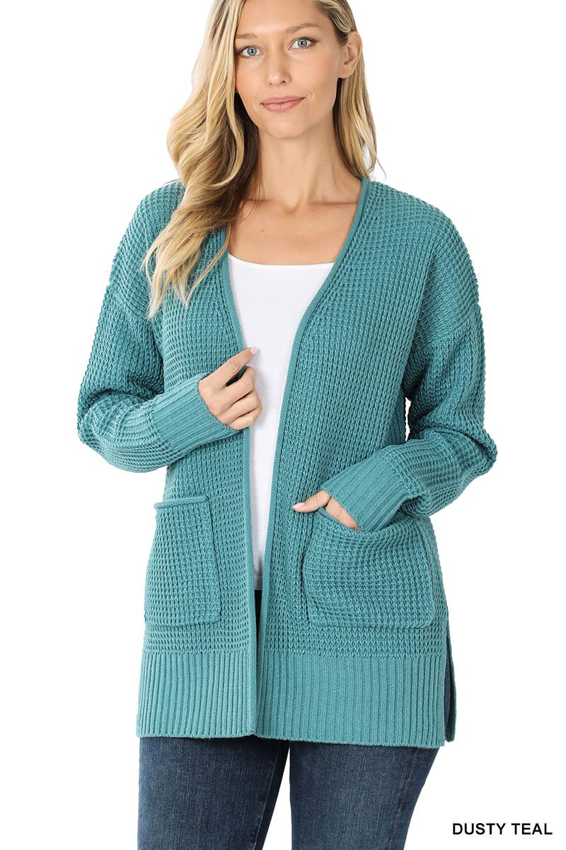 1219 Low Gauge Waffle Open Cardigan Sweater SI-24890