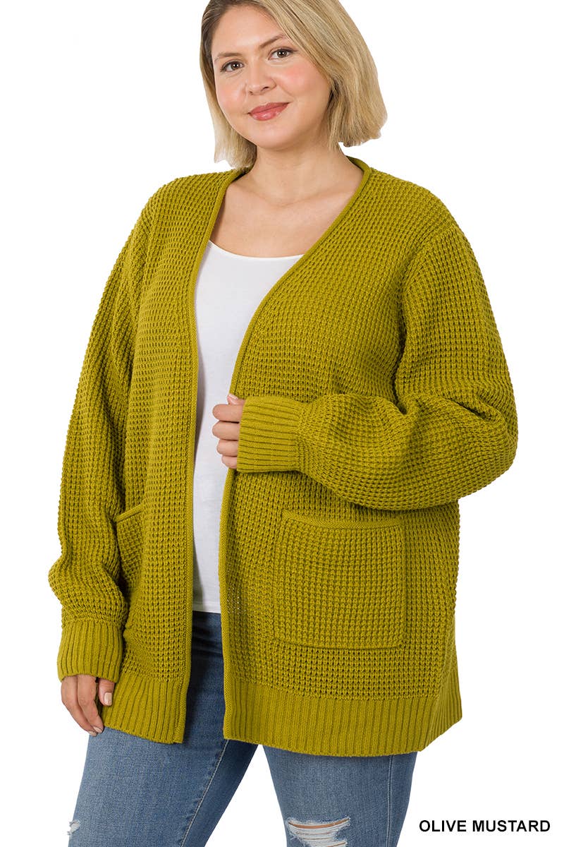 ",....SI-25654 Plus Low Gauge Waffle Open Cardigan Sweater