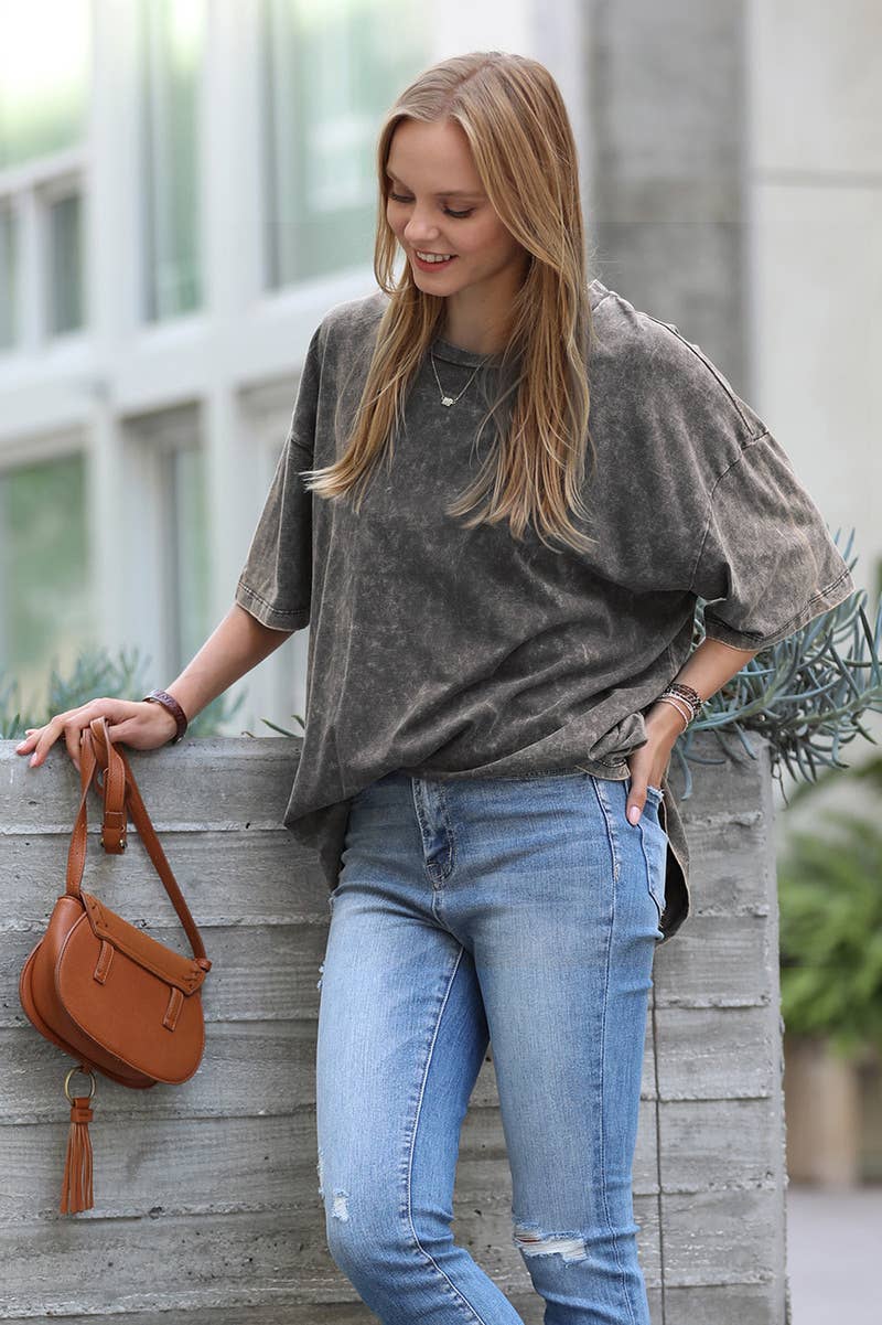 `.Washed Short Sleeves Top As Shown