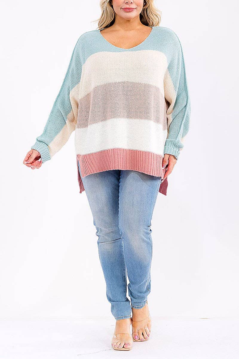 COLORBLOCK STRIPES HIGH-LOW PULLOVER SWEATER
