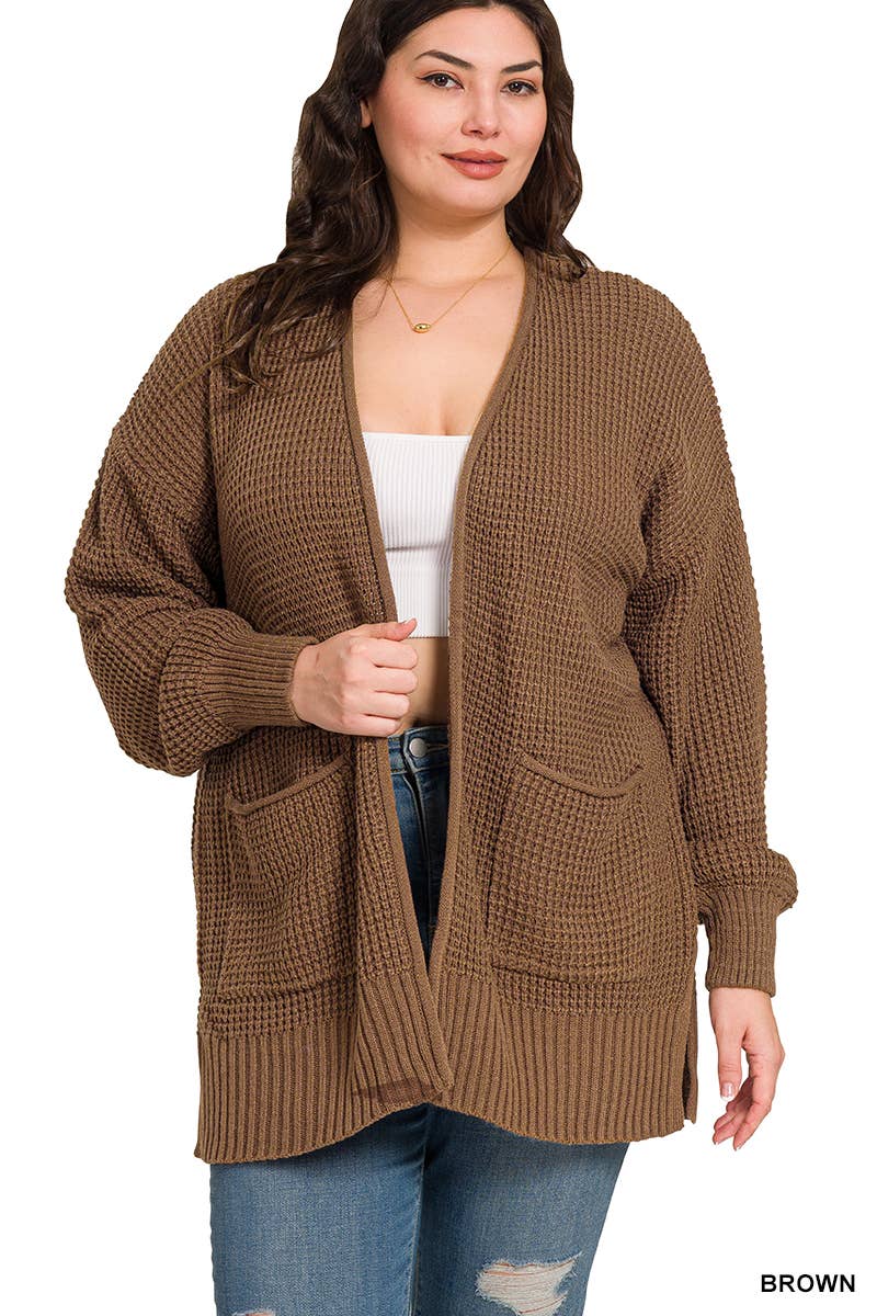 ",....SI-25654 Plus Low Gauge Waffle Open Cardigan Sweater