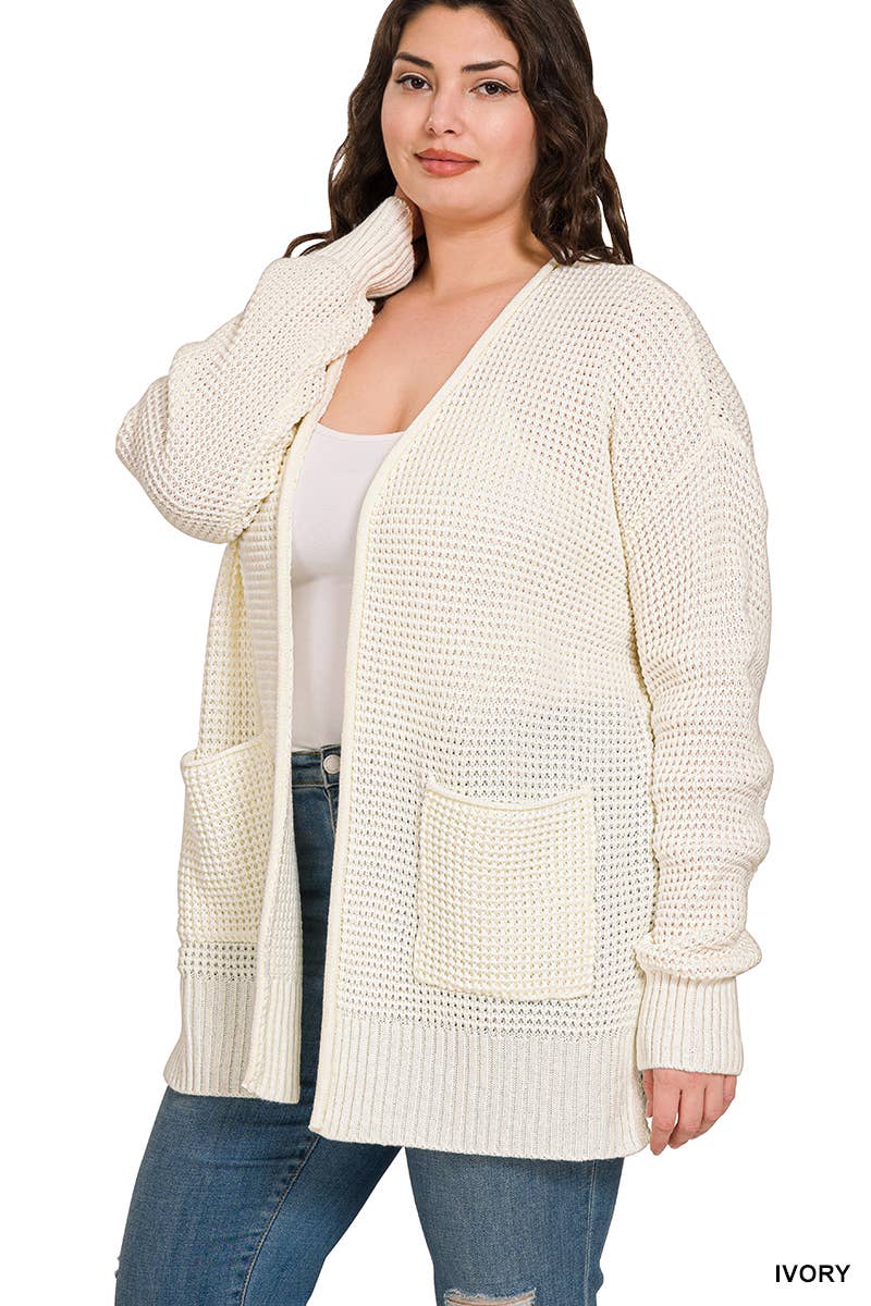 ",....SI-25654 Plus Low Gauge Waffle Open Cardigan Sweater