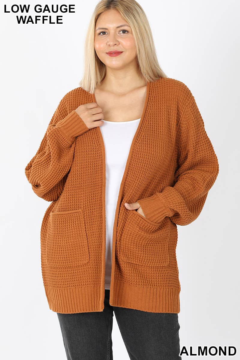 ",....SI-25654 Plus Low Gauge Waffle Open Cardigan Sweater