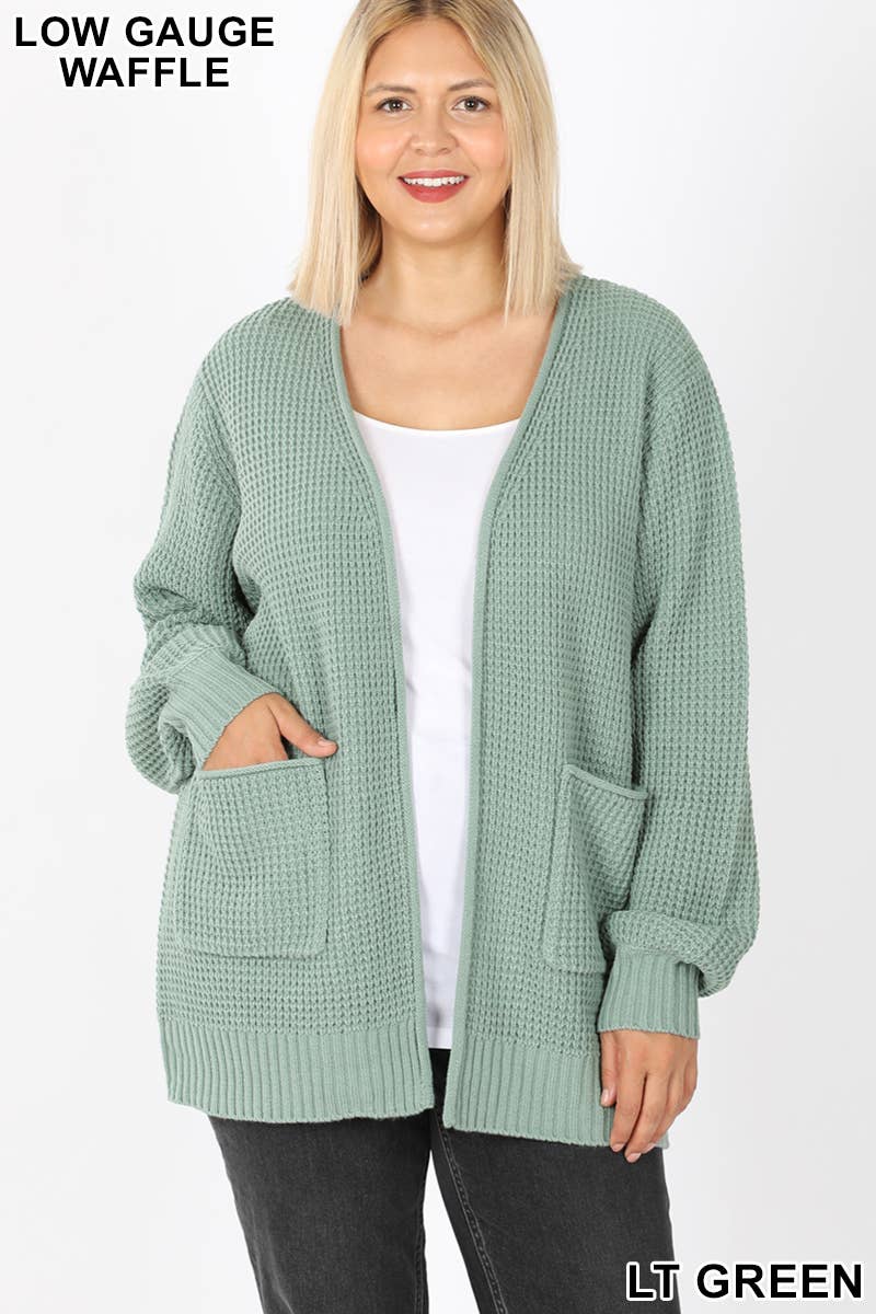 ",....SI-25654 Plus Low Gauge Waffle Open Cardigan Sweater