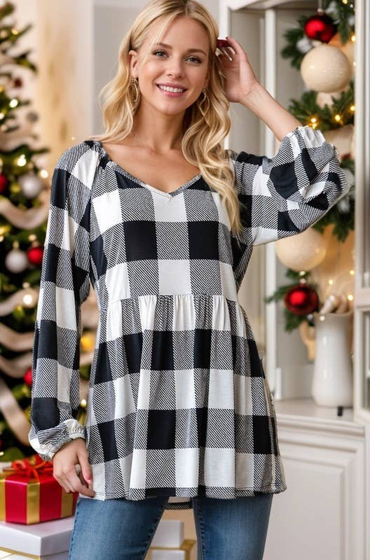 PLAID PRINT BABYDOLL TOP