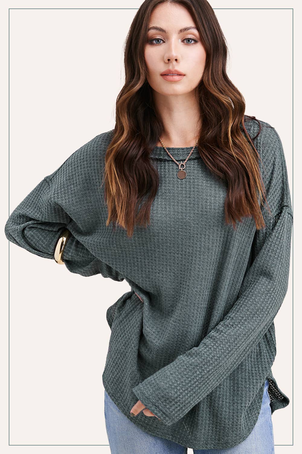 HAT7566-Brushed Waffle Fabric Loose Fit Long Sleeve Top