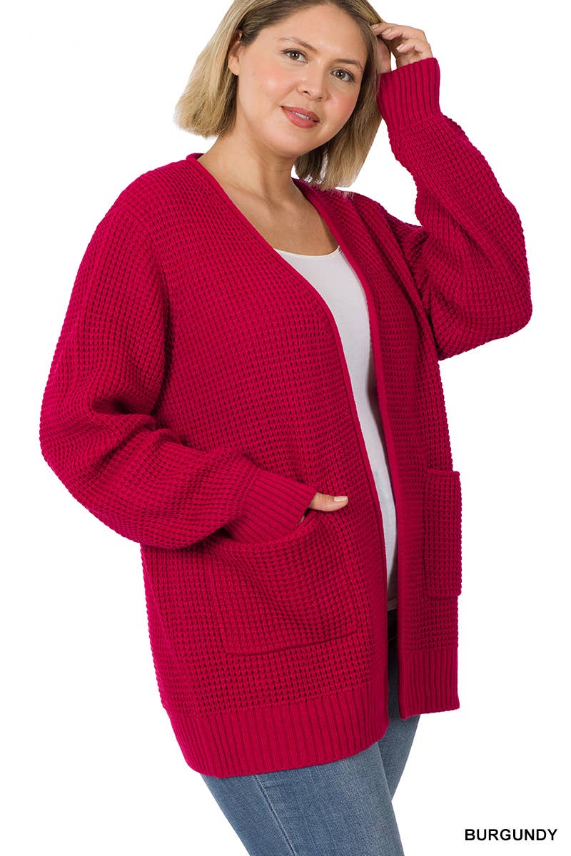 ",....SI-25654 Plus Low Gauge Waffle Open Cardigan Sweater