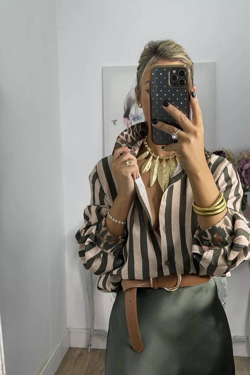 STRIPED AND LEOPARD PRINT LOOSE CASUAL SHIRT