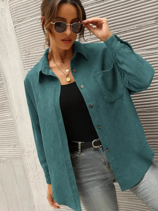Women's Casual Loose Fit Corduroy Button-Down Shirt