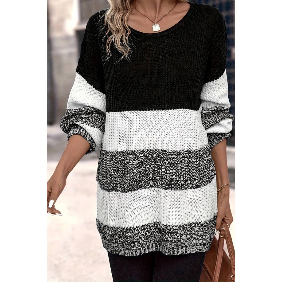 Knit Colorblock Cozy Long Sleeves Loose Sweater