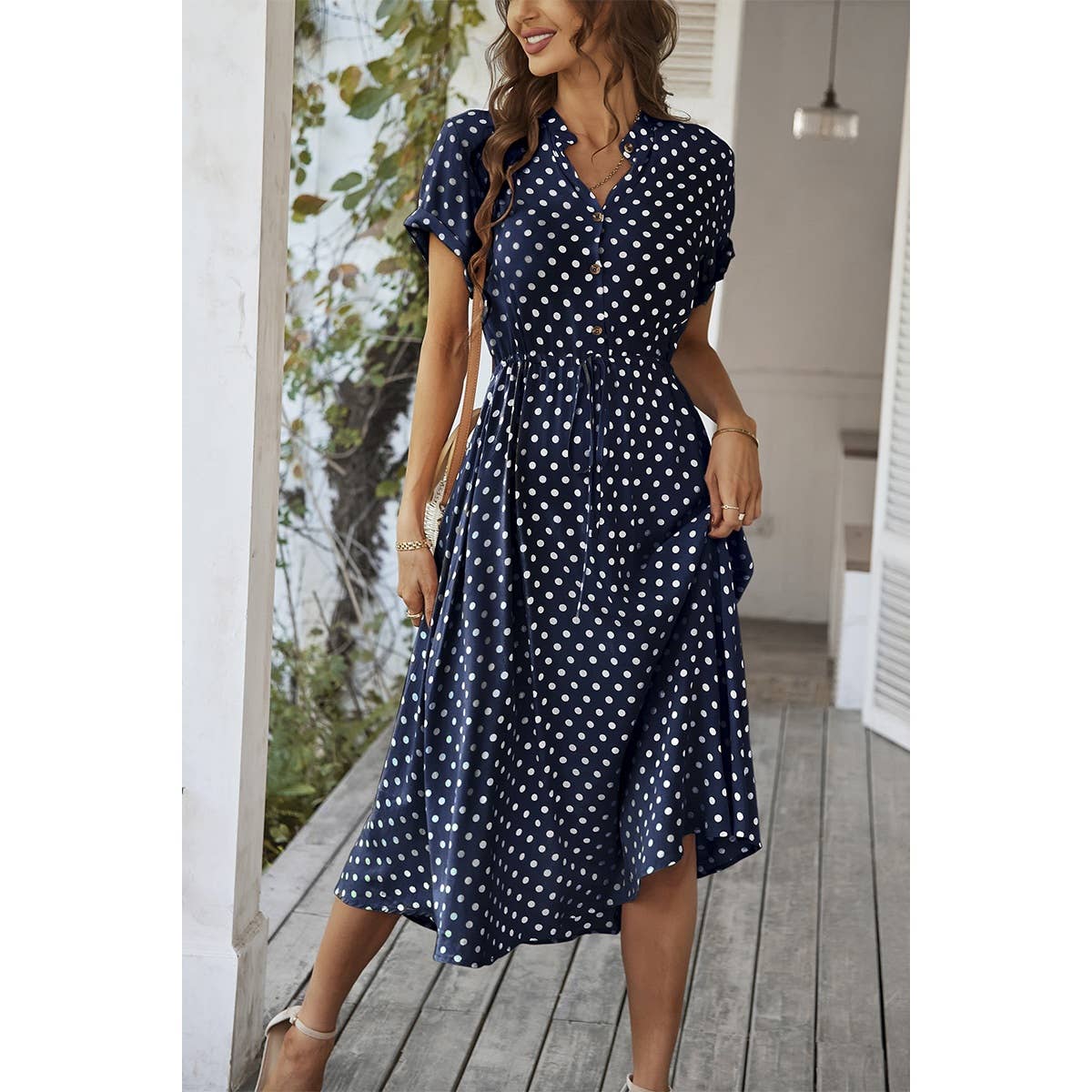 Polka Dot V Neck Button Belt Long Dress