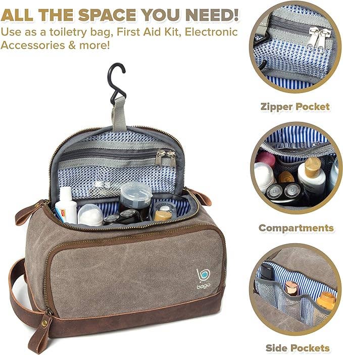 Canvas Toiletry Bag with Hanging Hook & Faux Leather Trim