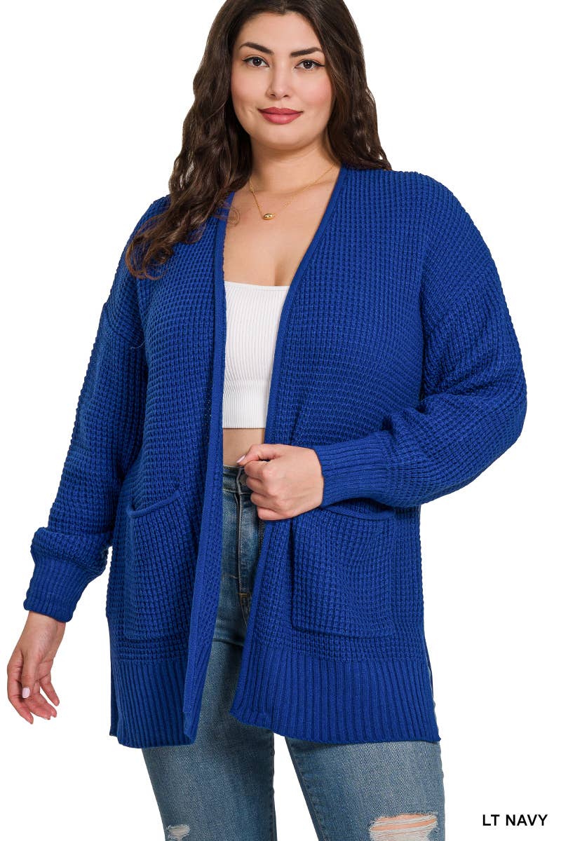 ",....SI-25654 Plus Low Gauge Waffle Open Cardigan Sweater