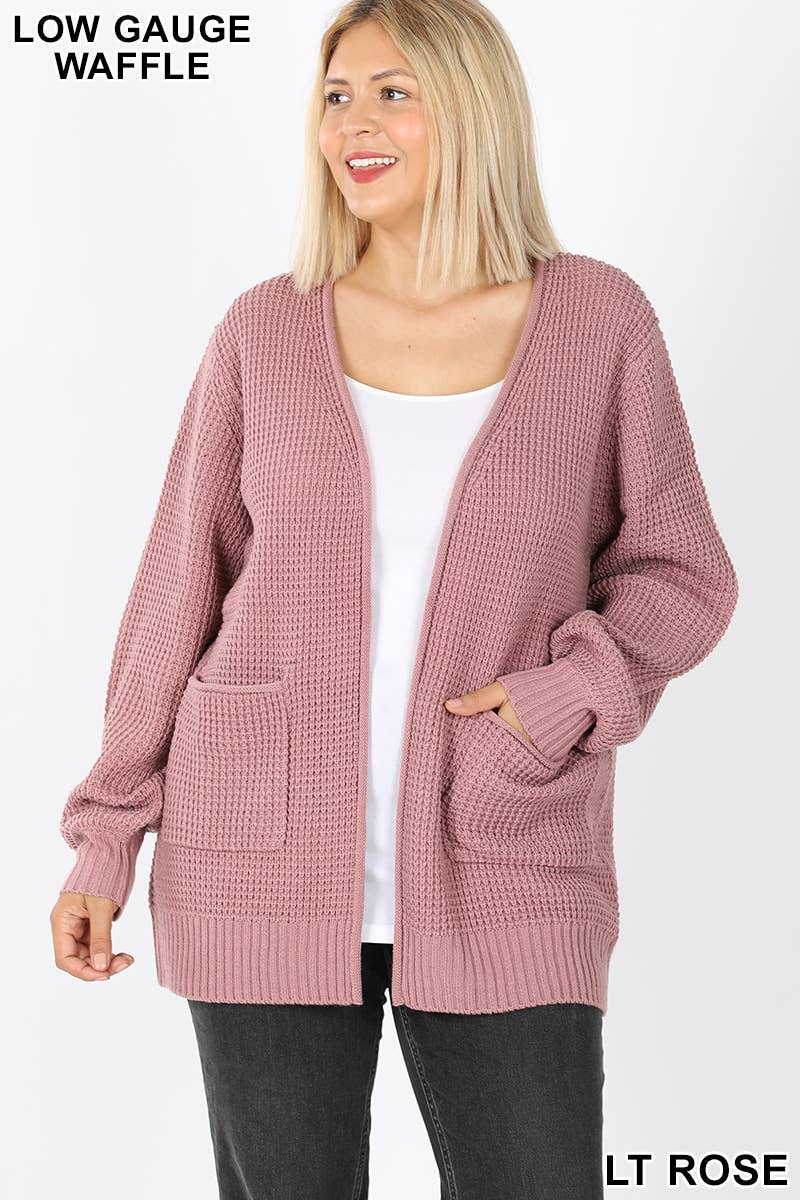 ",....SI-25654 Plus Low Gauge Waffle Open Cardigan Sweater