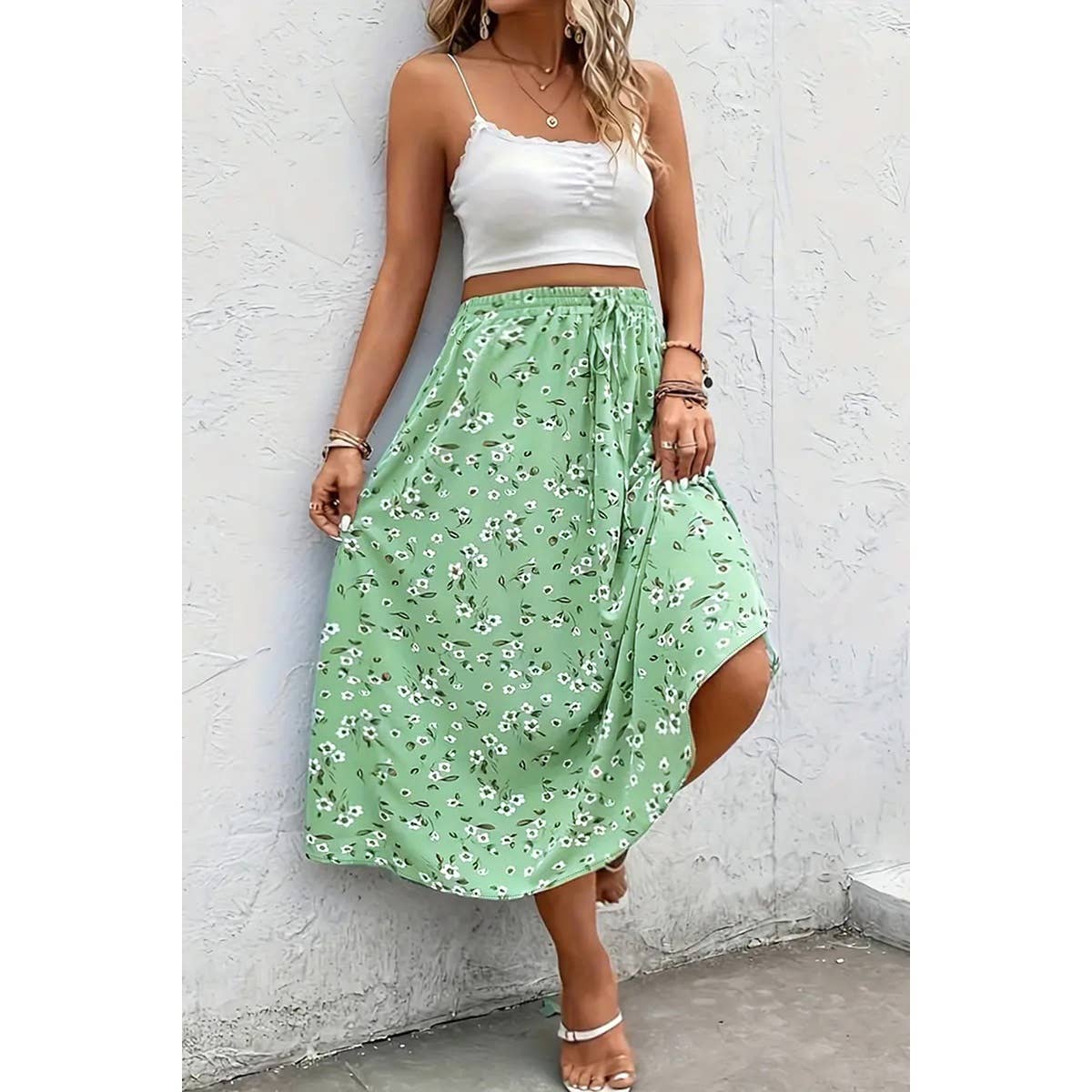 Plus Size Floral Breeze Drawstring Long Skirt