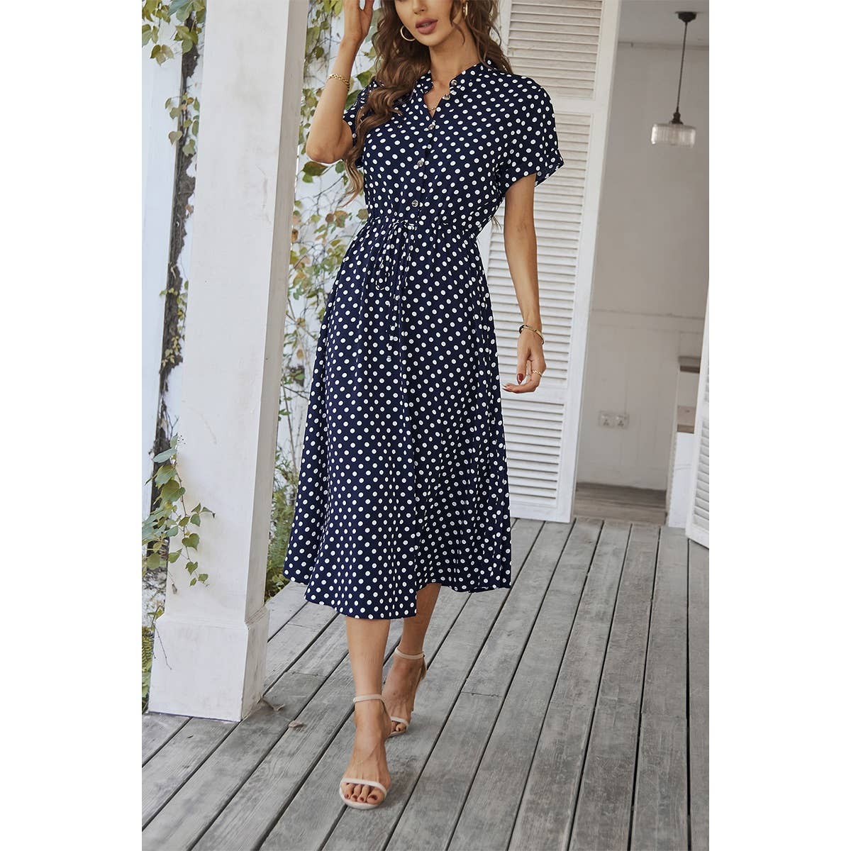 Polka Dot V Neck Button Belt Long Dress