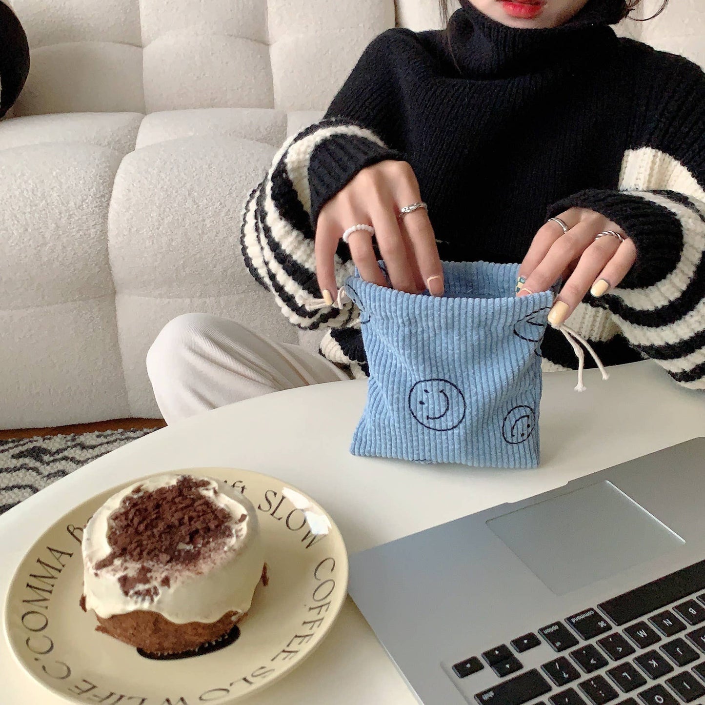 Corduroy  Smiley Face Coin Purse Drawstring Pocket Women