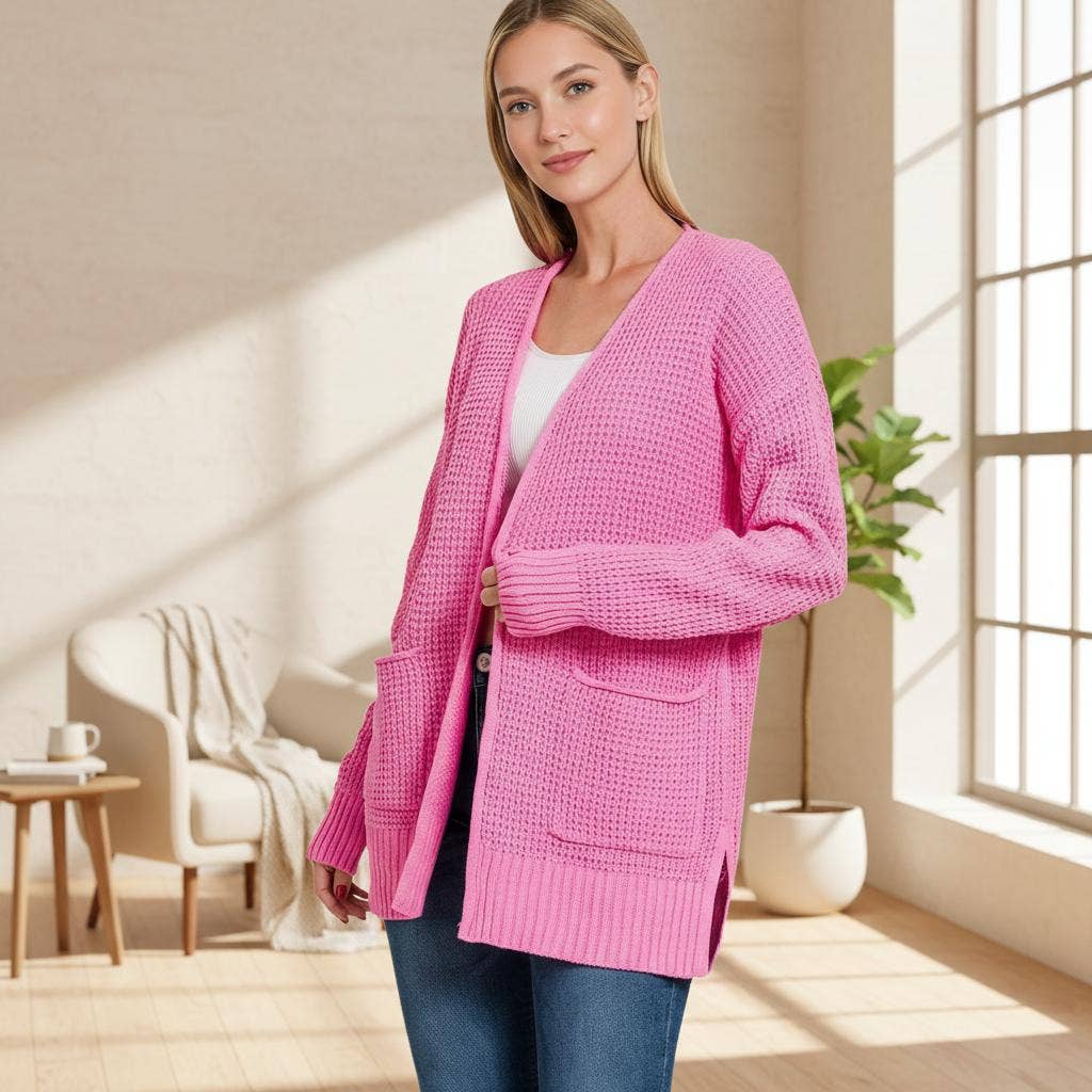 1219 Low Gauge Waffle Open Cardigan Sweater SI-24890