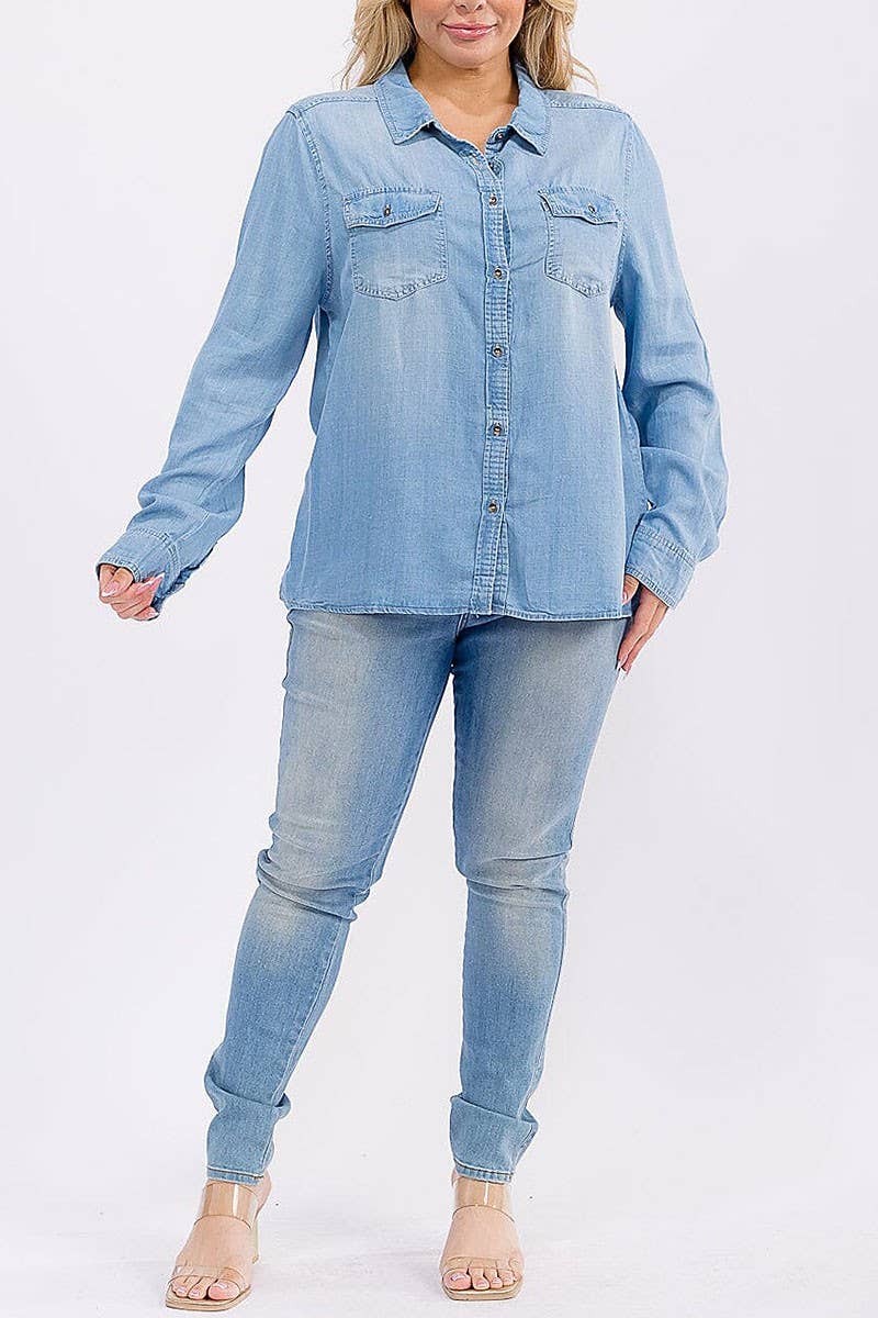 BUTTON UP FRONT POCKETS WASHED CHAMBRAY TOP