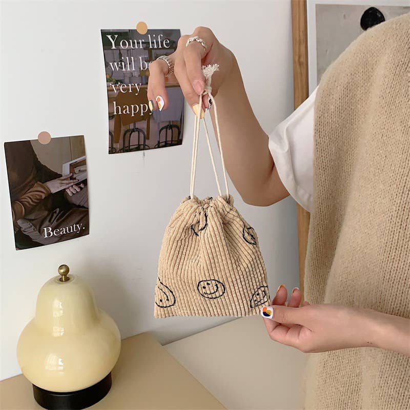 Corduroy  Smiley Face Coin Purse Drawstring Pocket Women
