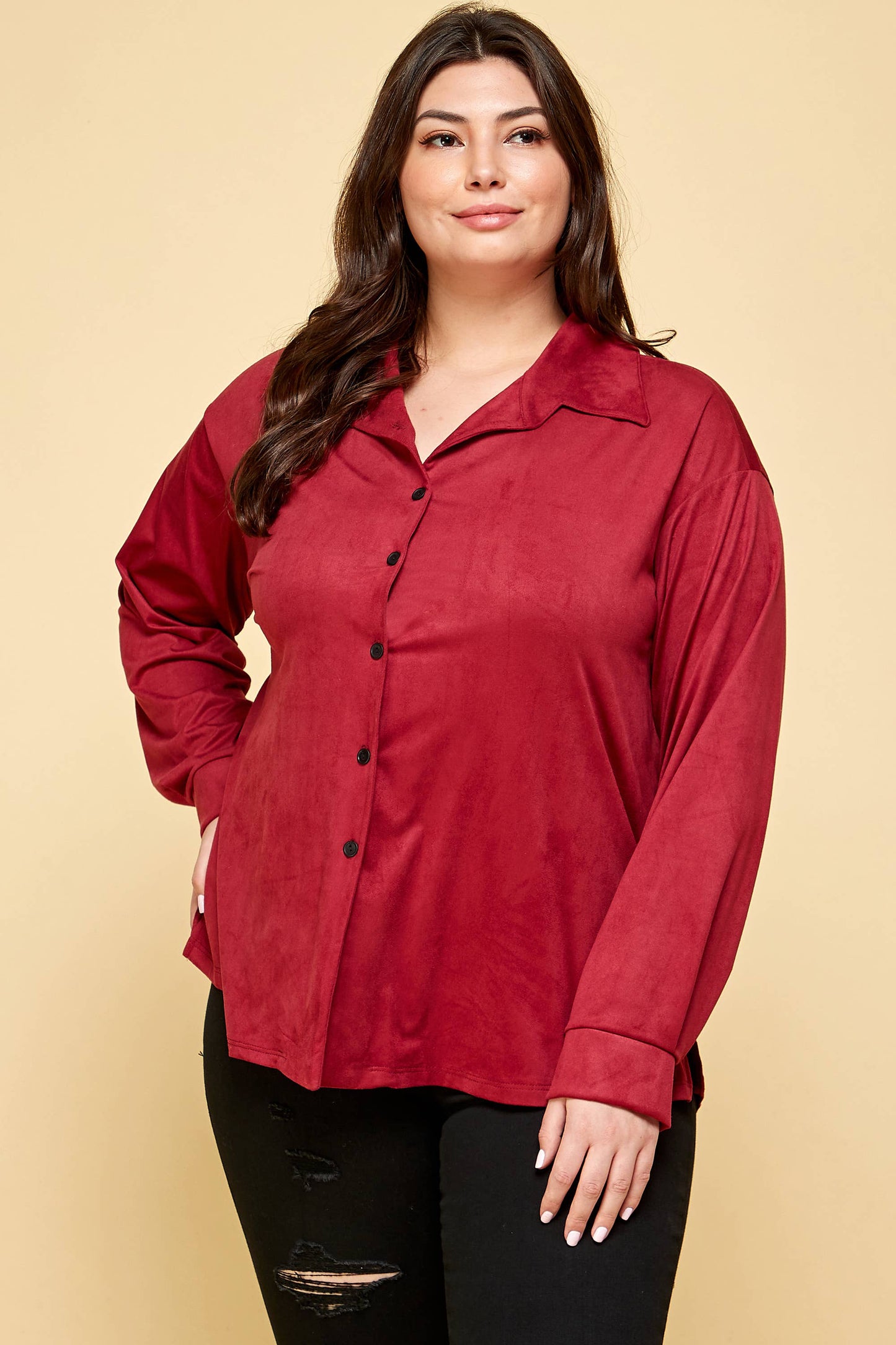 ETK-8634-PL Plus Size Suede Button-Down Shirt
